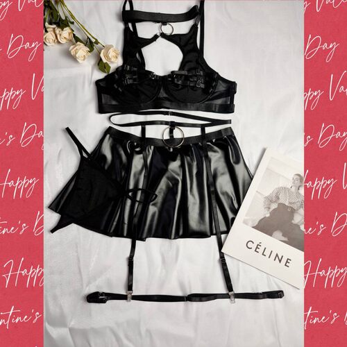 Fun lingerie, sexy bra set, leather skirt, mesh socks