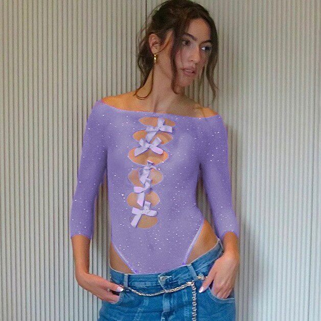 Women sexy lingerie elastic bow hollow hot stamping jumpsuit