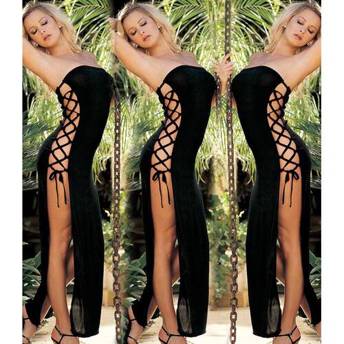 Sexy temperament high slit strap dress性感高开叉绑带连衣裙女