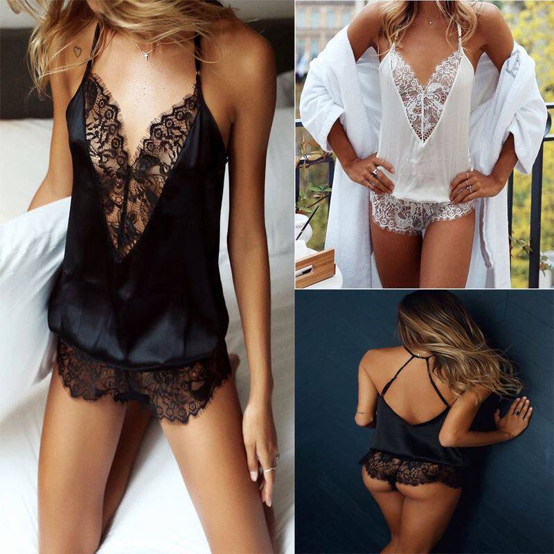 Sexy Lingerie V-neck Eyelash Lace Sling Jumpsuit Pajamas