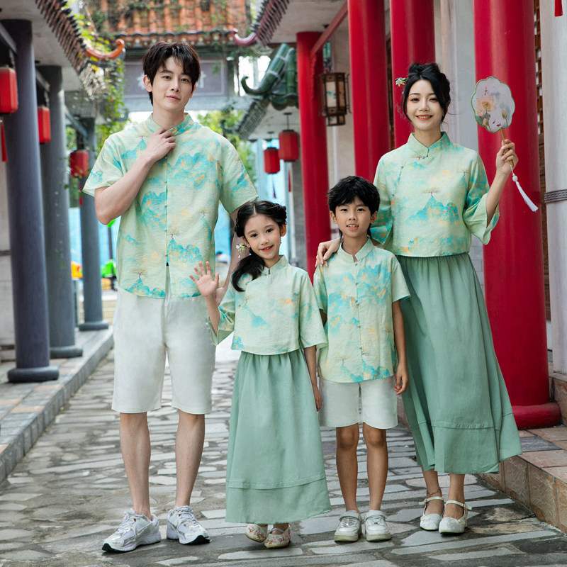中国风汉服亲子装茶服唐装套装潮