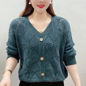 春秋季 女 气质V领单排扣休闲百搭镂空纯色宽松针织打底衫 新款 时尚