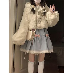 奶fufu 白色可爱风卷毛绒连帽猫耳短外套lolita甜妹外搭秋冬减龄
