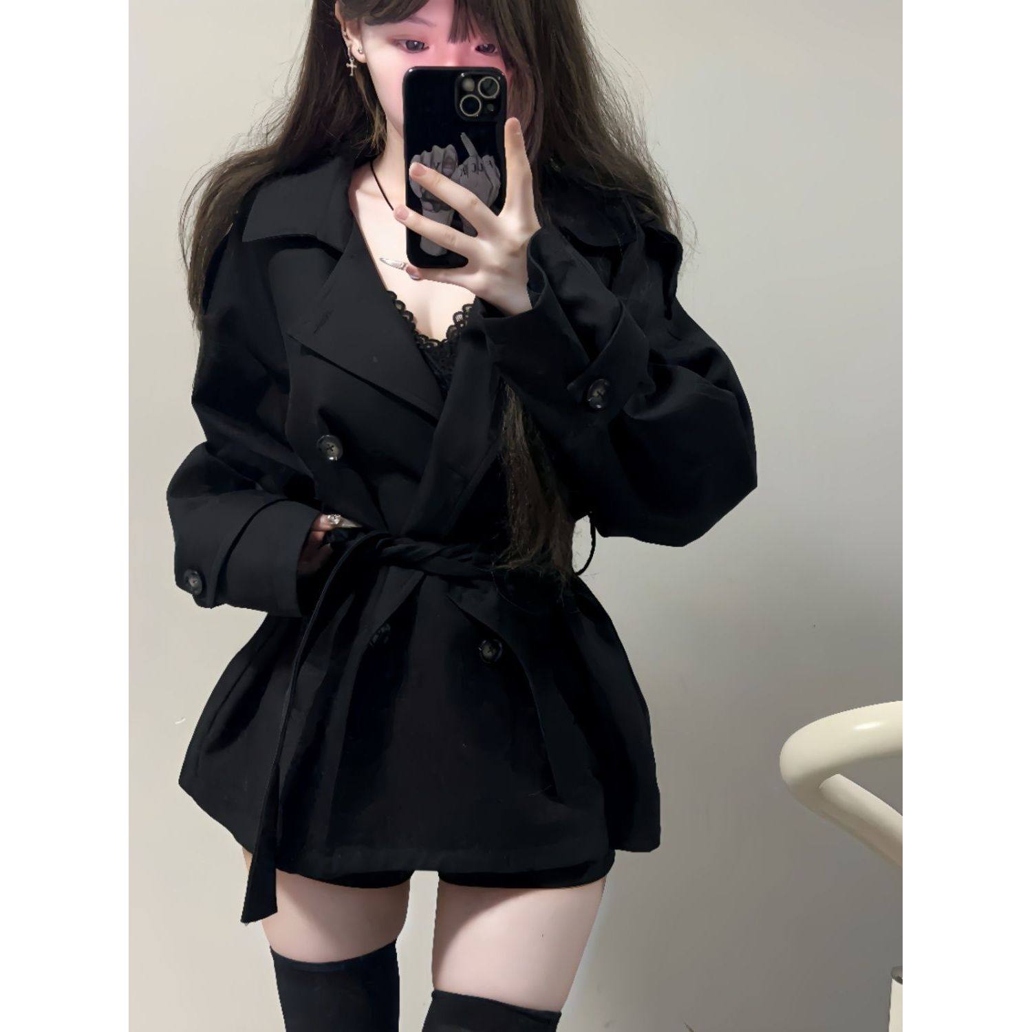 纯欲风复古双排扣风衣女春秋新款小个子高级感黑色收腰短款外套
