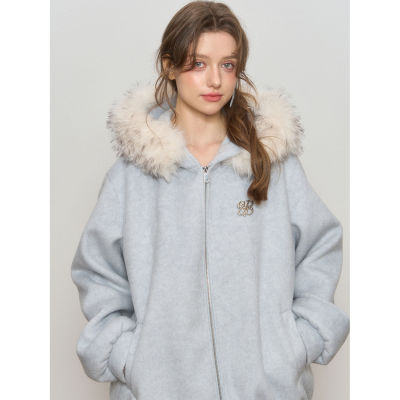 韩系气质连帽毛领呢子大衣女2025冬季拉链卫衣开衫贵气蓝色外套