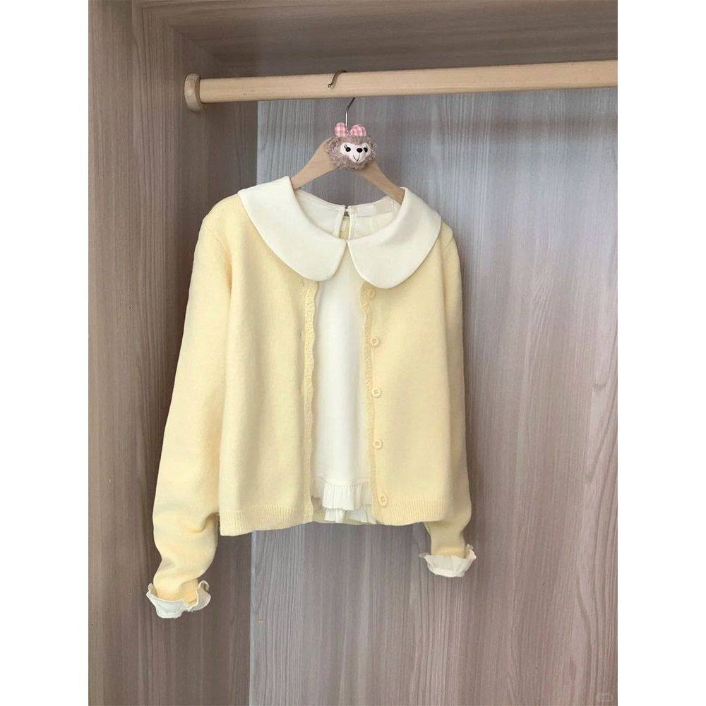 芝士奶酪 早秋韩系温柔甜美娃娃领长袖上衣+黄色针织开衫两件套装