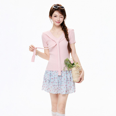 粉色甜美风海军领披肩短袖T恤2026夏气质软糯修身显瘦竖坑条上衣