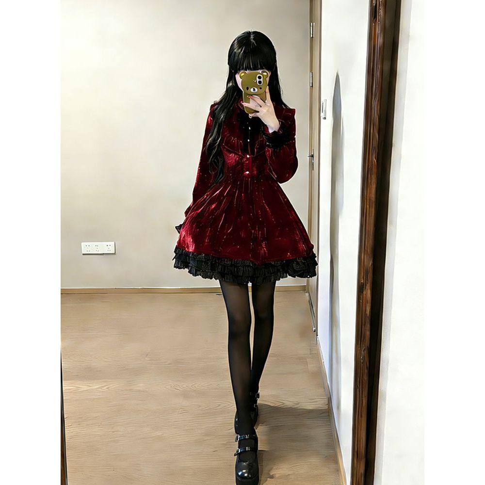 日系Lolita暗黑哥特风doll感血色拼接蝴蝶结天鹅绒长袖连衣短裙女