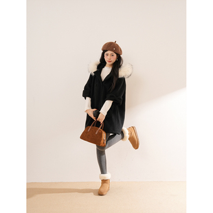 日系中古昭和少女感连帽毛领大衣设计感小众宽松中长款 呢子外套女