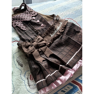 甜美可爱粉棕色格纹拼接连衣裙女早秋季设计感蝴蝶结lolita蛋糕裙