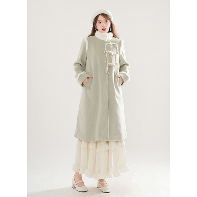 甜美可爱星星扣拼接毛呢外套女冬季新款复古绿色小个子呢子大衣潮