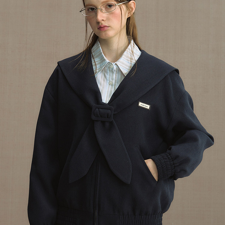 雾蓝水手 学院风复古宽松海军领夹克女2025秋季新款通勤短款外套
