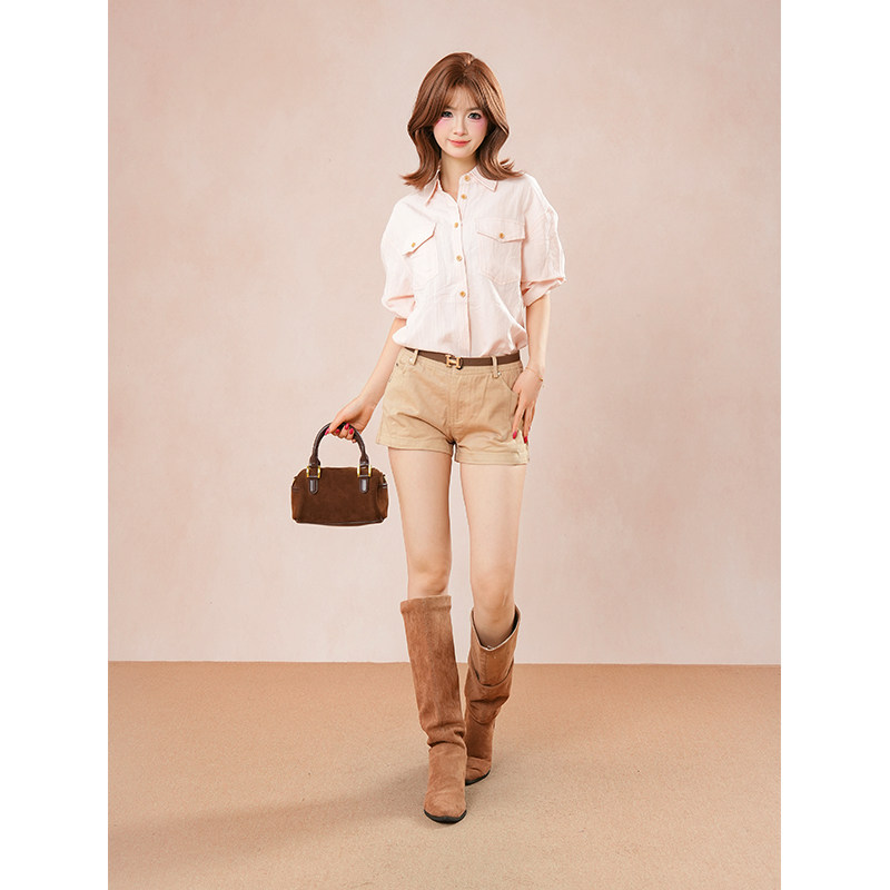 【粉桃珍珠匣】老钱风粉色Polo领长袖衬衫女休闲上衣短裤通勤套装,女装/女士精品,时尚套装,淘宝优惠券,粉丝福利购,淘宝优惠卷