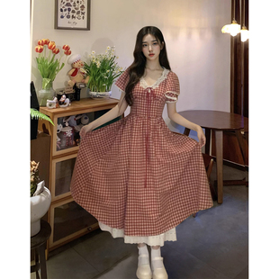 【梨甜醒】 2025法式温柔甜美风红格子连衣裙V领收腰短袖中长款裙
