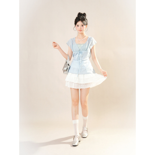 甜美古着Vintage日系森女套装 层次感蛋糕半身裙两件套 假两件上衣