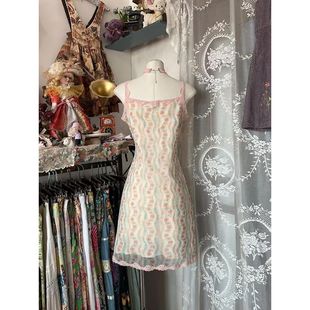 古着vintage设计感蕾丝碎花吊带连衣裙女清新甜美显瘦短款a字裙子