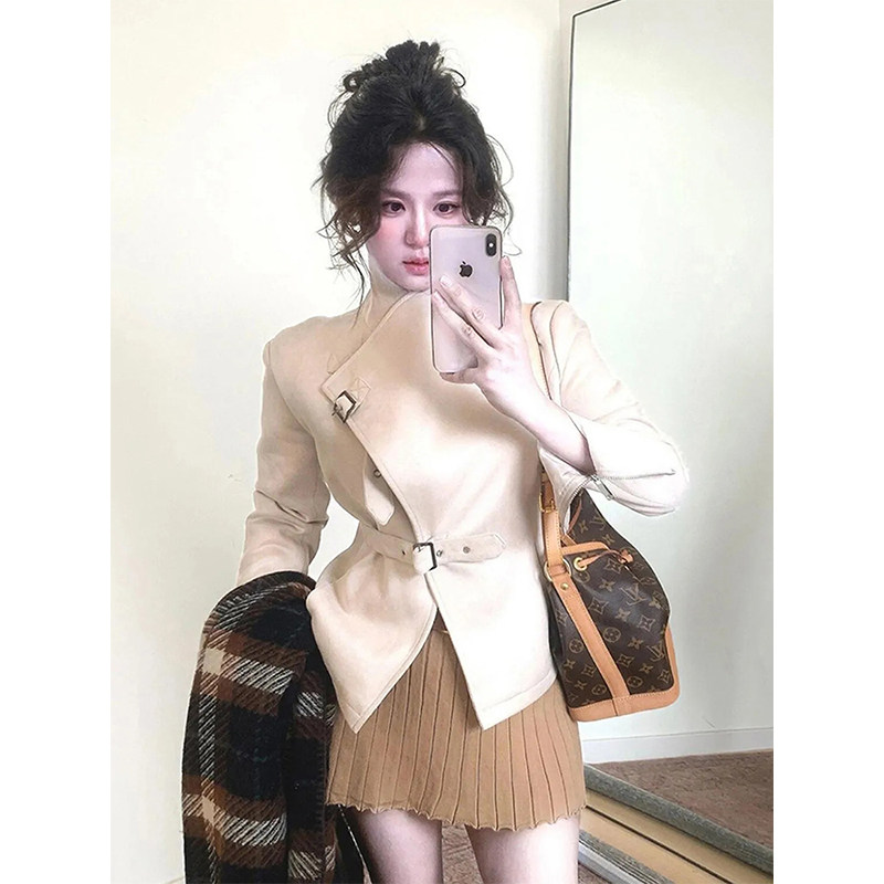 韩系复古慵懒松弛感气质巴恩风杏色立领短外套+连衣裙套装女秋季