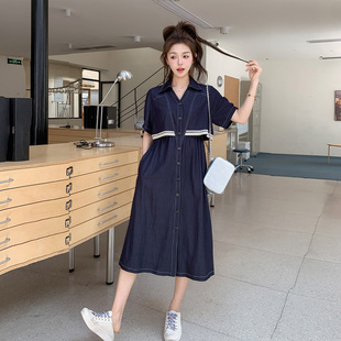 蕾丝拼接显瘦衬衫 深蓝色POLO领连衣裙女中长款 法式 2025夏季 裙 新款