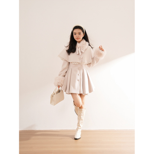 昭和落樱 大摆收腰毛呢大衣外套两件套 矜贵千金风气质蝴蝶结毛领