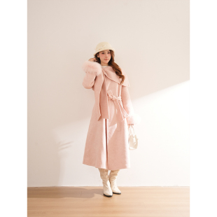 新款 气质法式 披肩两件套女冬季 毛呢大衣 千金贵气风粉色长款