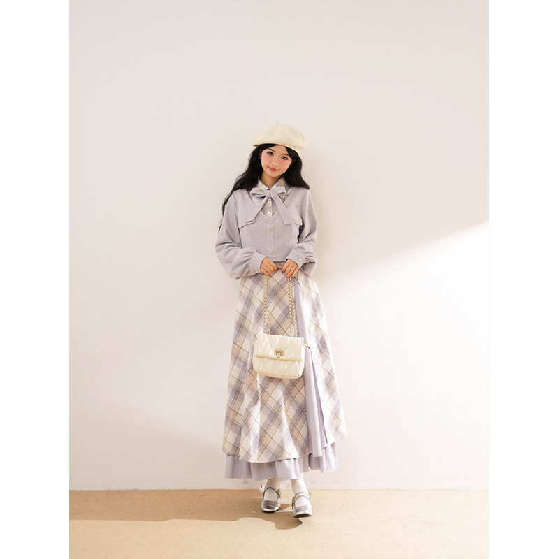 甜美学院风短款温柔紫翻领上衣+格纹拼接半裙套装女2025秋冬新款