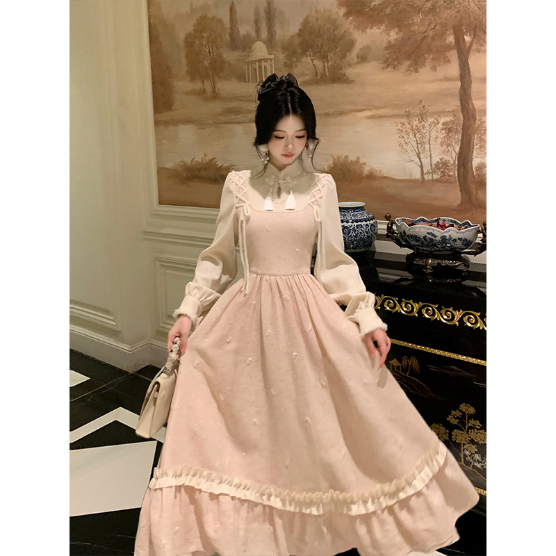 新中式温柔粉大裙摆假两件连衣裙