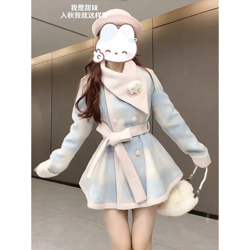 秋冬氛围感小个子甜美系带收腰围巾毛呢外套设计感中长款呢子大衣