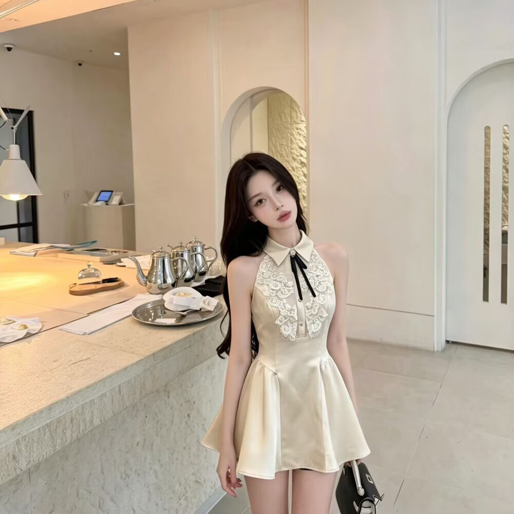 美姿2026夏季新款女时尚气质名媛千金无袖缎面蕾丝拼接设计连衣裙