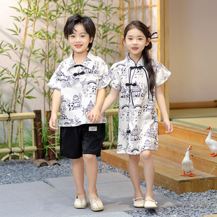 夏装六一表演服男5童中国风汉服熊猫兄妹套装女6童旗袍水墨唐装潮
