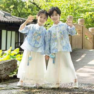 国潮国风中秋节汉服兄妹装唐装春秋儿童表演服新中式年服演出服装