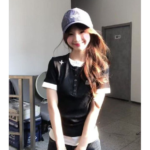 設(shè)計(jì)感修身 美式 復(fù)古假兩件撞色正肩短袖 T恤女夏季 顯瘦甜辣妹上衣