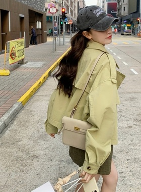 现货数据好小个子复古绿卡其风衣短款2318p135k188