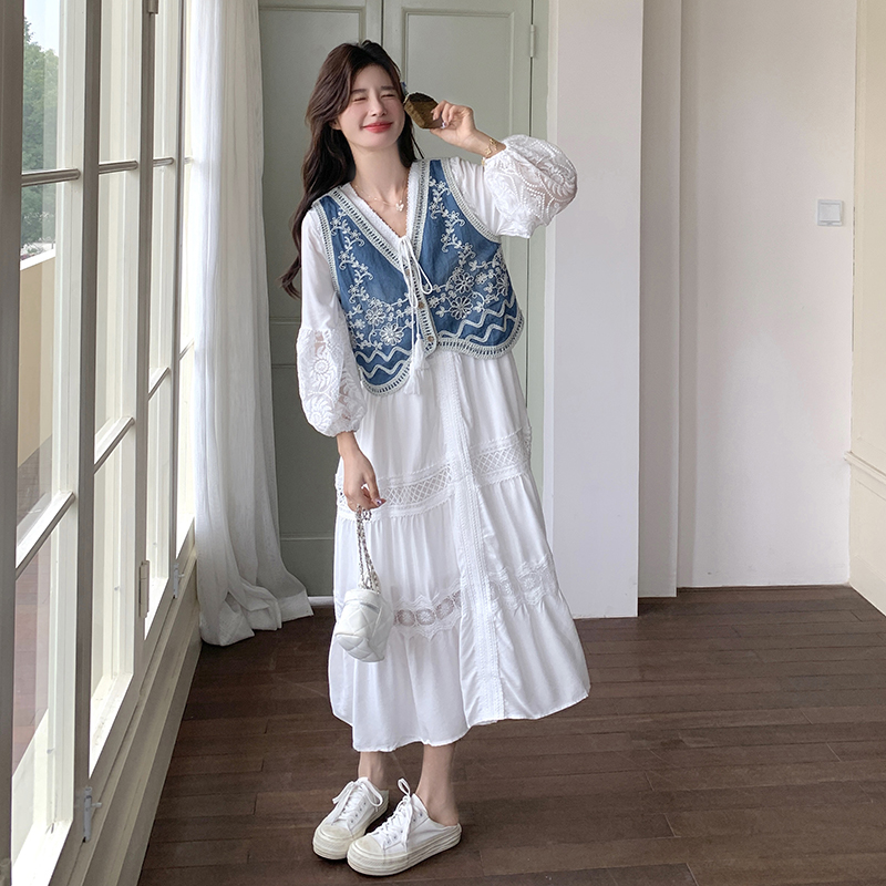 现货D078-T1921-P185K258重工刺绣连衣裙+刺绣马甲牛仔蓝真两件套