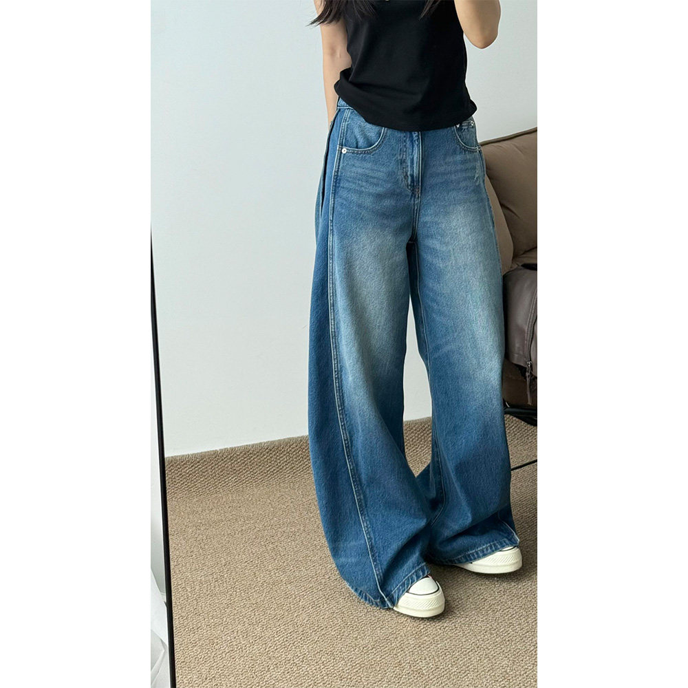 香蕉小弯刀立体侧拼结构遮肉洋气垂感宽松款蓝色阔腿裤显瘦百搭,女装/女士精品,牛仔裤,淘宝优惠券,粉丝福利购,淘宝优惠卷