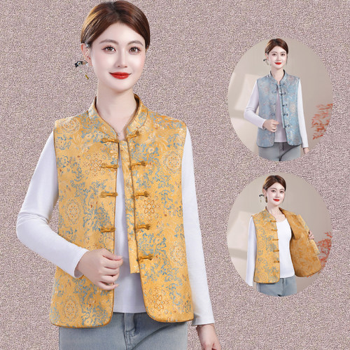 妈妈春秋薄款国风复古盘扣马夹中老年女装大码新中式立领马甲坎肩