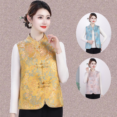 妈妈春秋薄款新中式国风立领马甲坎肩中老年女装大码宽松复古马夹