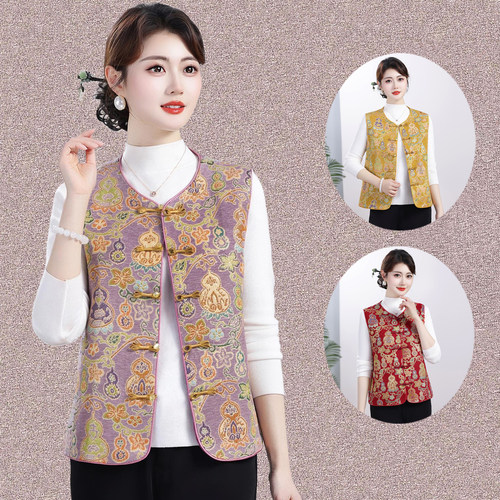 新中式妈妈春秋薄款盘扣马甲坎肩中老年女装大码宽松国风上衣马夹