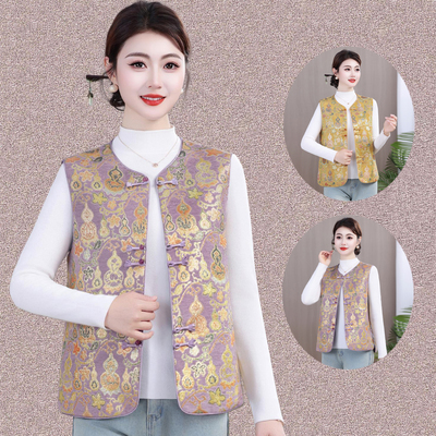 新款国风春秋薄款马甲妈妈坎肩中老年女装大码复古新中式上衣马夹