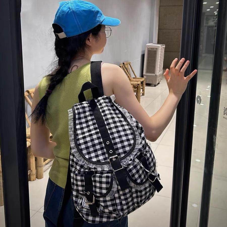 新款韩系小众设计黑白格子蕾丝双肩包大容量通勤休闲背包百搭背包