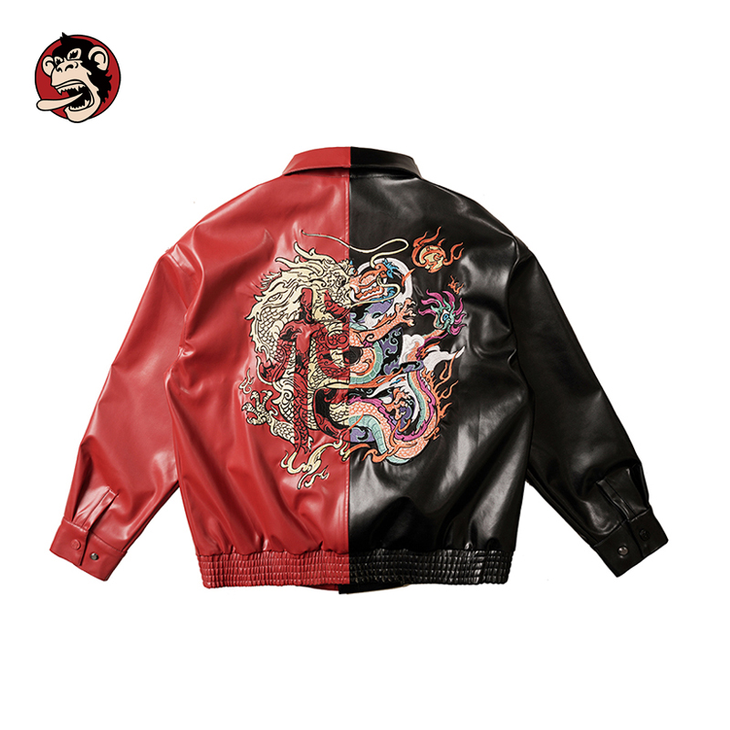 WOOKONG赤龙刺绣皮衣夹克