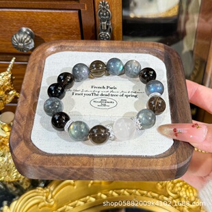 设计款灰月光石手串轻奢高级感烟晶黑曜石水晶手链天然白水晶手饰