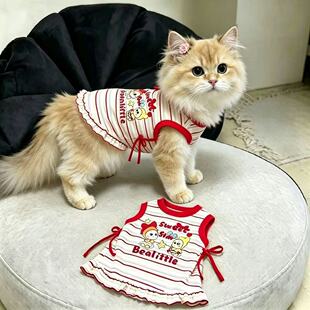 宠物猫咪衣服星星人背心裙夏季新款卡通条纹休闲洋气可爱连衣裙子