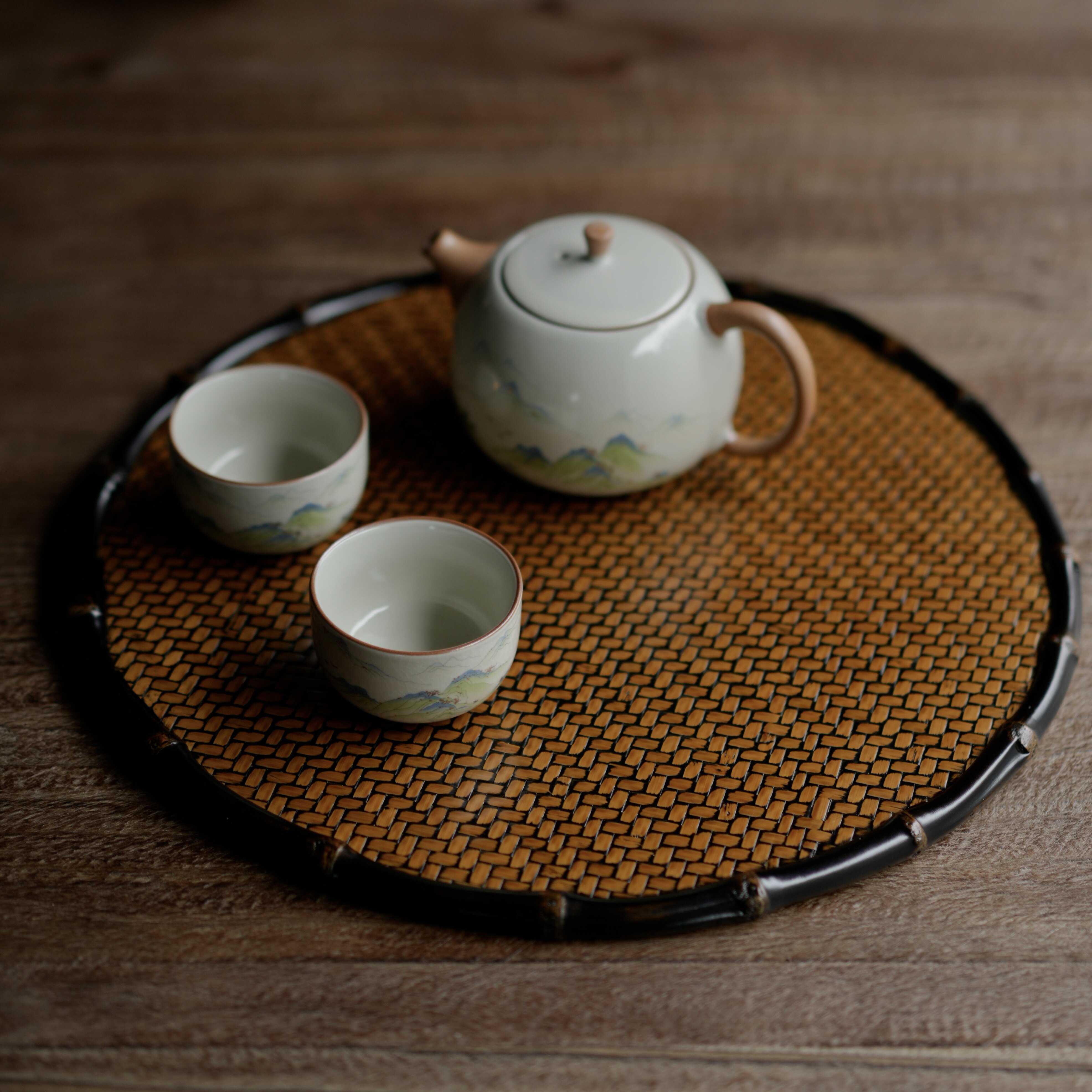 中式圆形竹鞭壶承茶盘竹席面杯垫功夫茶道茶具