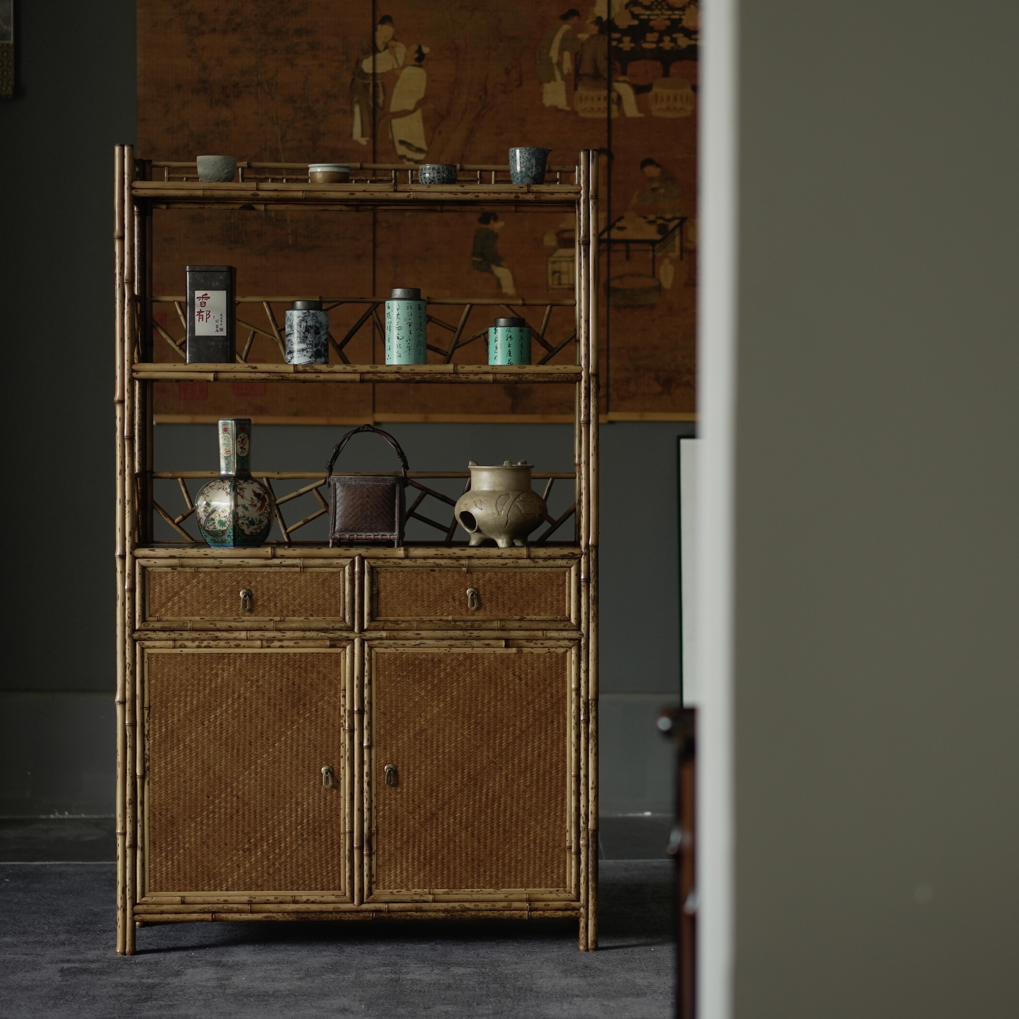 古典家具 梅鹿竹茶柜 落地家用茶具展示柜书架收纳柜