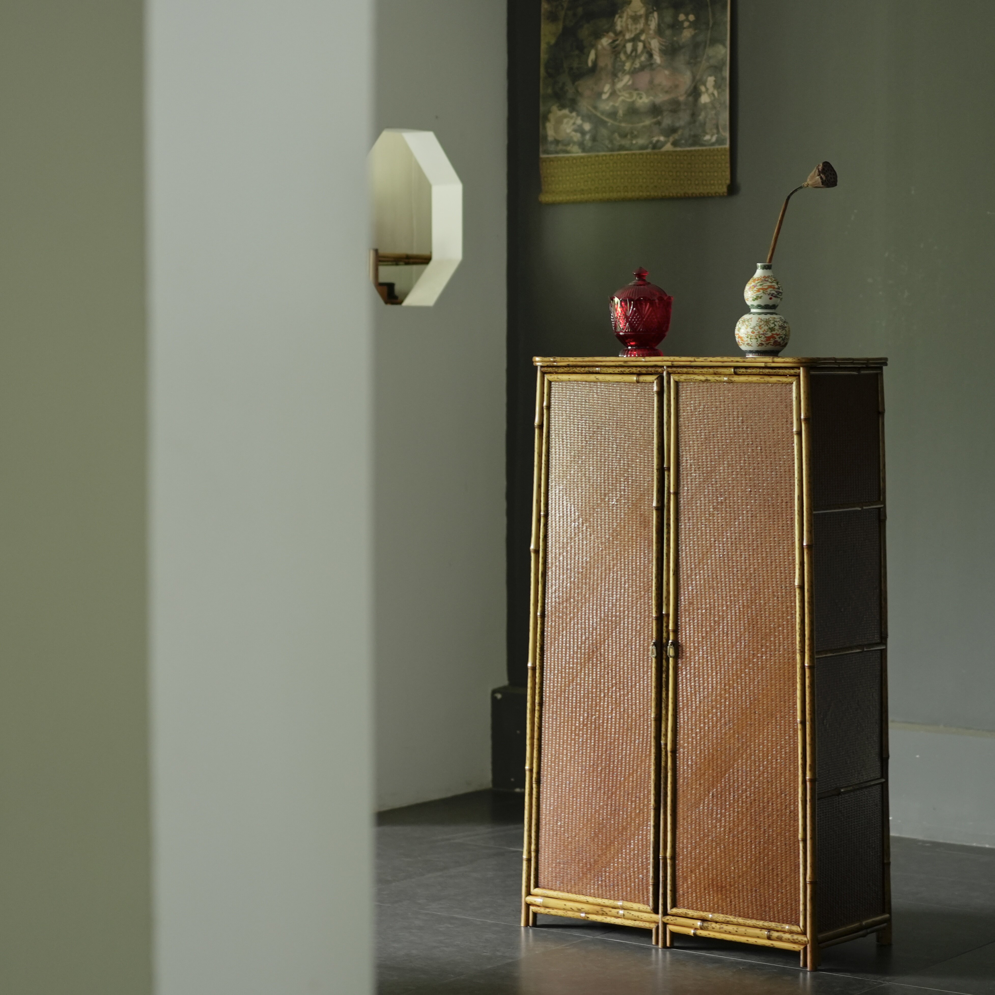 复古 梅鹿竹制面条柜 仿古茶道器具收纳柜 新中式茶棚茶叶柜