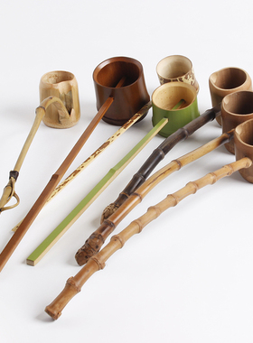 原竹根长柄水勺日式分茶勺浇花水瓢舀酒器竹制茶具配件零配浴佛勺