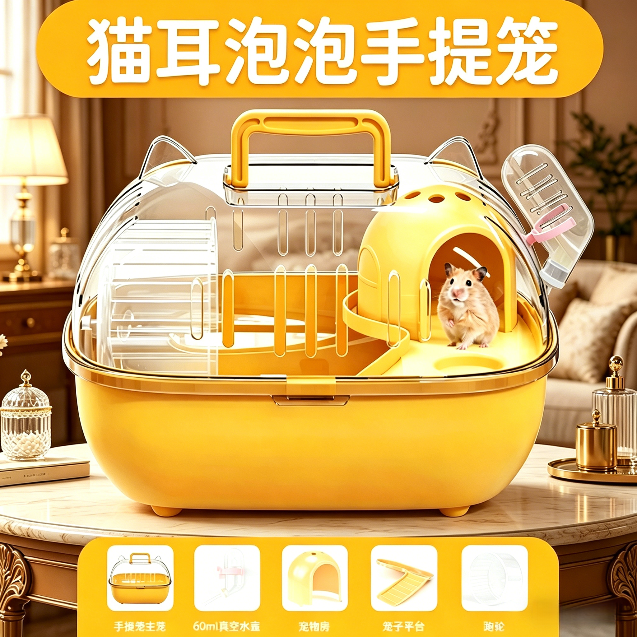 仓鼠金丝熊专用饲养箱全景透明外出防逃逸手提小宠用品外带笼别墅