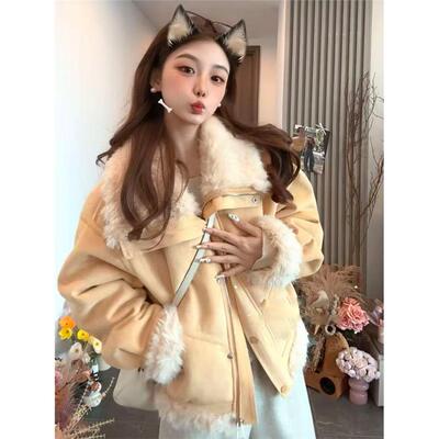 韩系翻领皮毛一体外套女2025秋冬新款宽松加厚设计感羊羔毛短外套