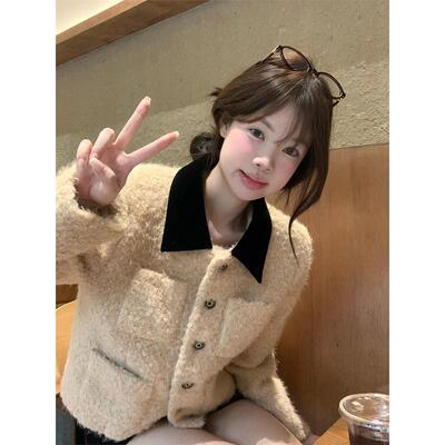韩系富家千金小香风羊羔毛外套秋冬小个子穿搭高级感翻领毛毛上衣
