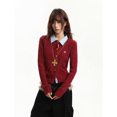 新年红色麻花polo领假两